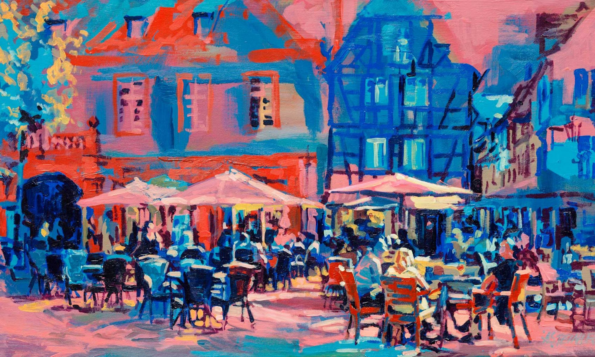 Belebter Marktplatz in Neustadt an der Weinstraße mit Caféterrassen, Sonnenschirmen, Menschen und historischen Häusern, expressiv in kräftigen Blau-, Rot-, Pink- und Orangetönen gemalt.